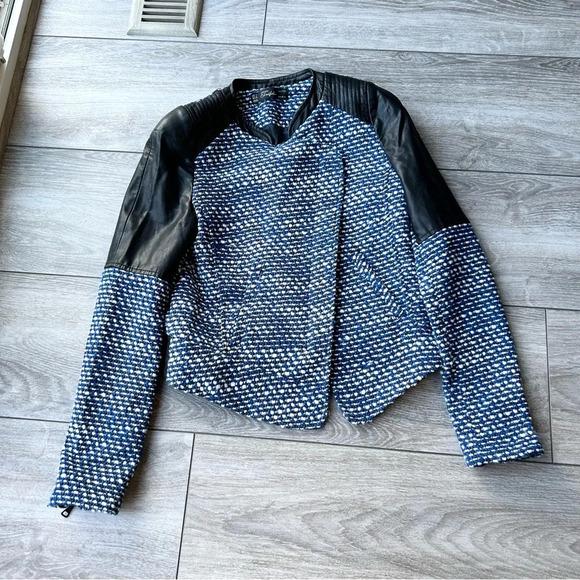 Zara Trafaluc Blue Black Tweed Faux Leather Moto Jacket - Picture 5 of 16